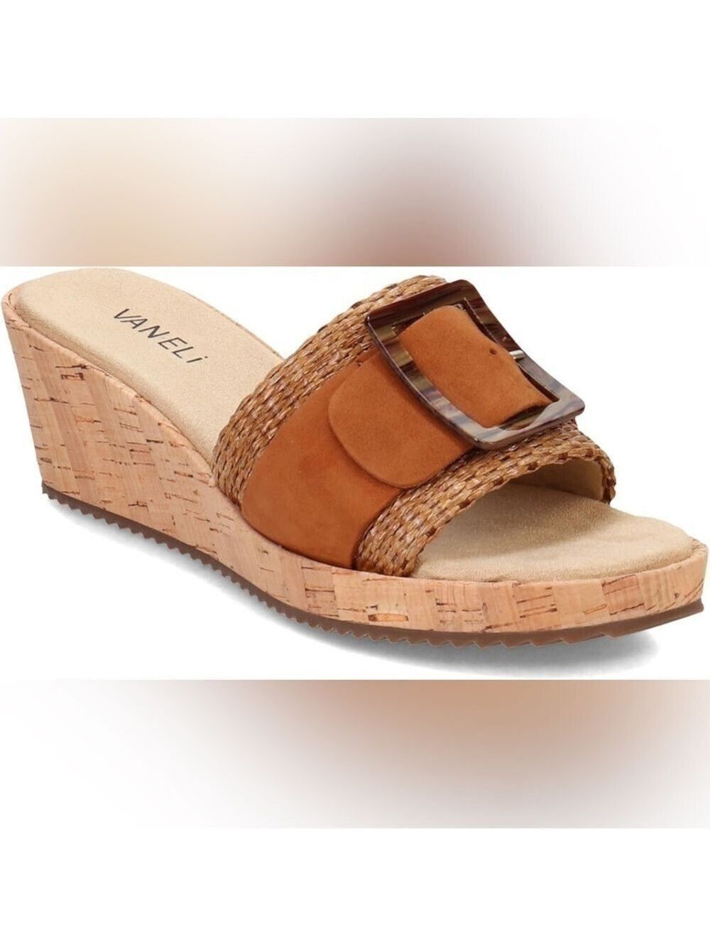 Vaneli Cattee Tan Straw Platform Sandal Wedge. Size 8